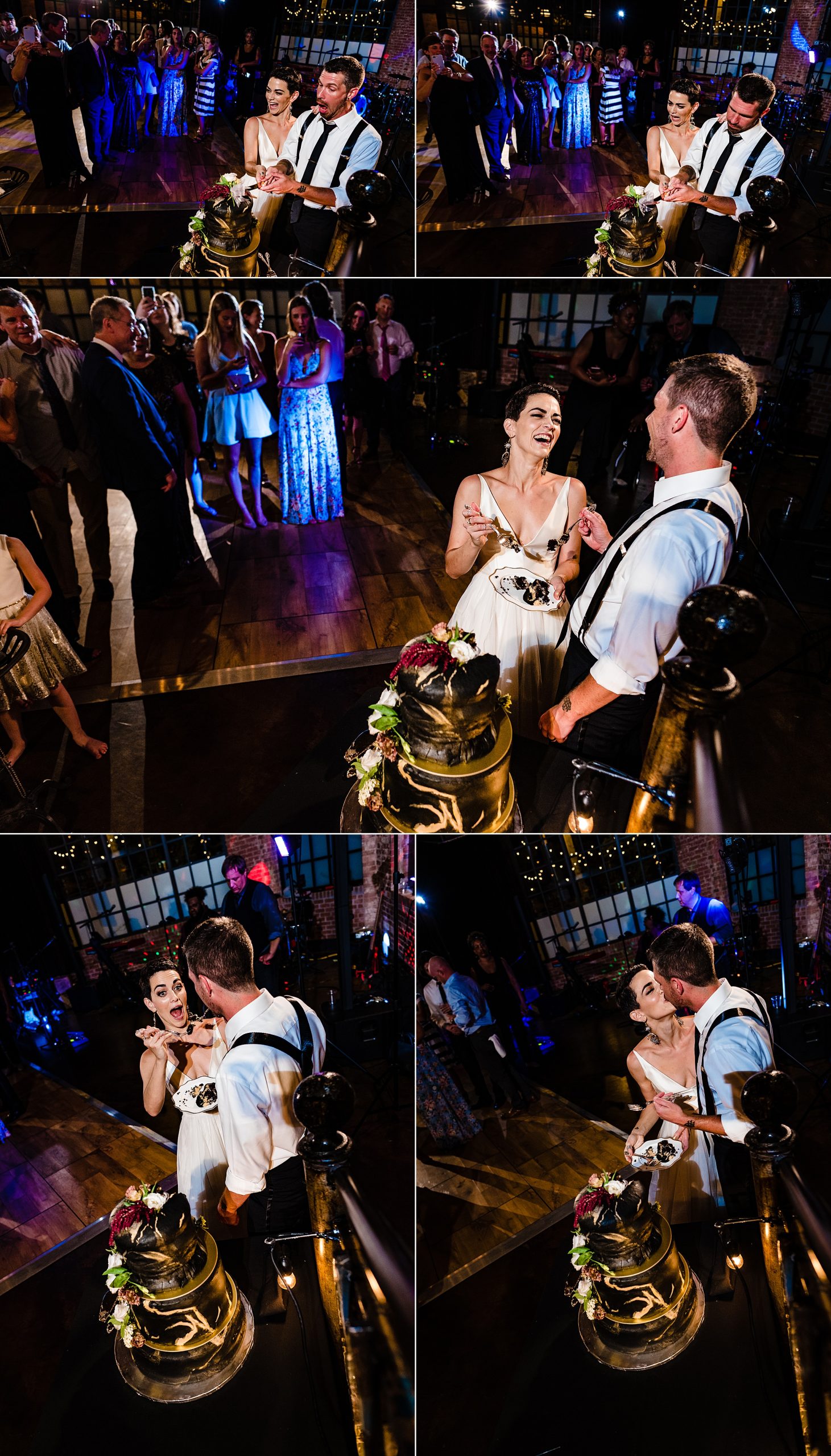 Cake cutting, The Cookery, Durham Wedding Photographers, Durham Wedding, Offbeat Bride, Colorful Wedding, Artistic Wedding Photographers, Short-haired bride, Tattooed Bride, Downtown Durham Wedding | kivusandcamera.com