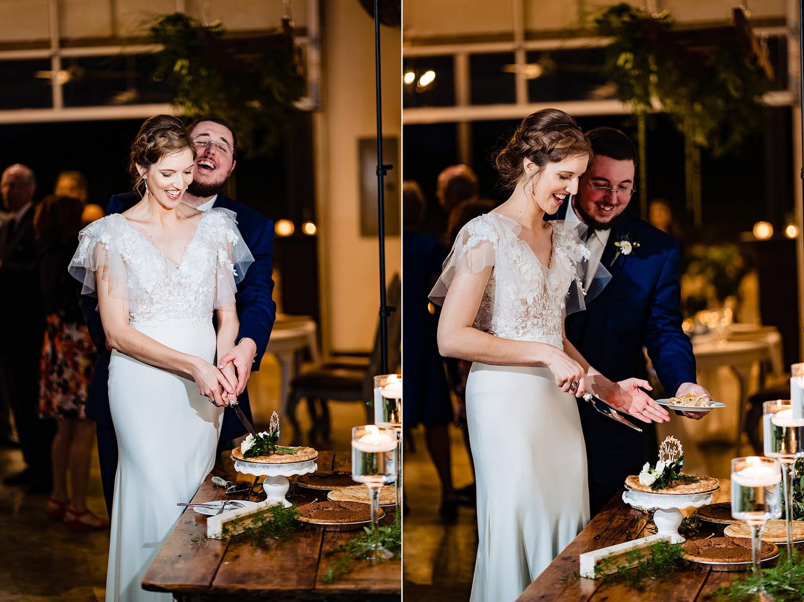 Bride and Groom cut the pie at their Pi Day wedding at The Meadows Raleigh