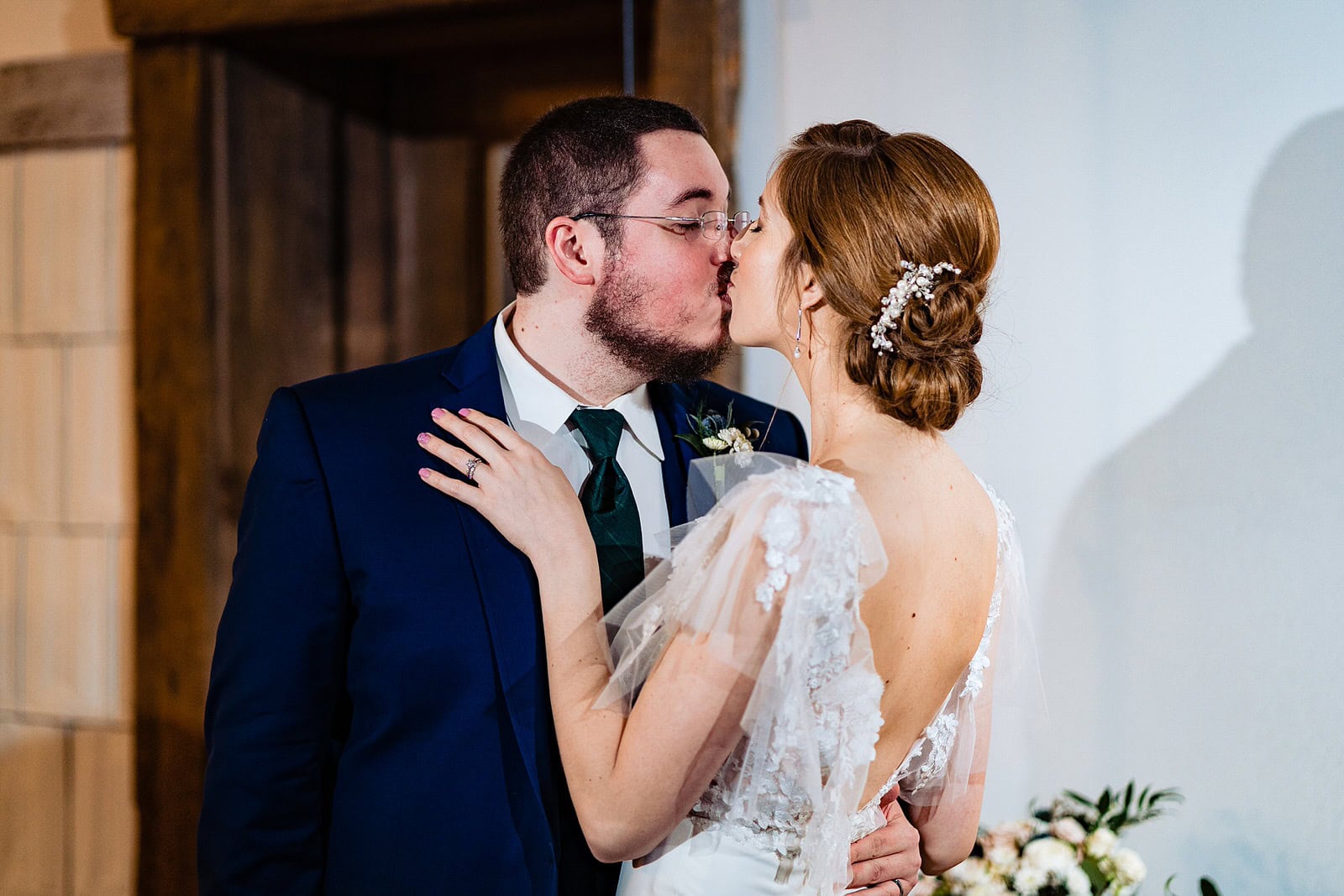 Bride and Groom share the pie at their Pi Day wedding at The Meadows Raleigh