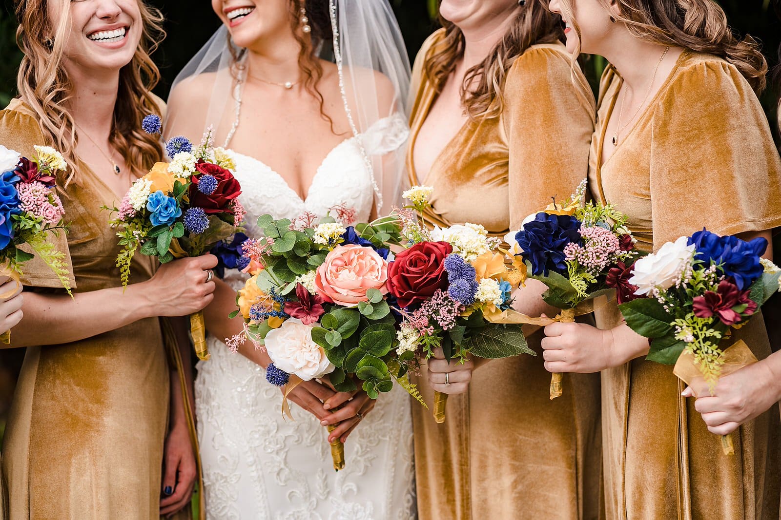 Bridesmaid style: dark yellow velvet wrap dresses
