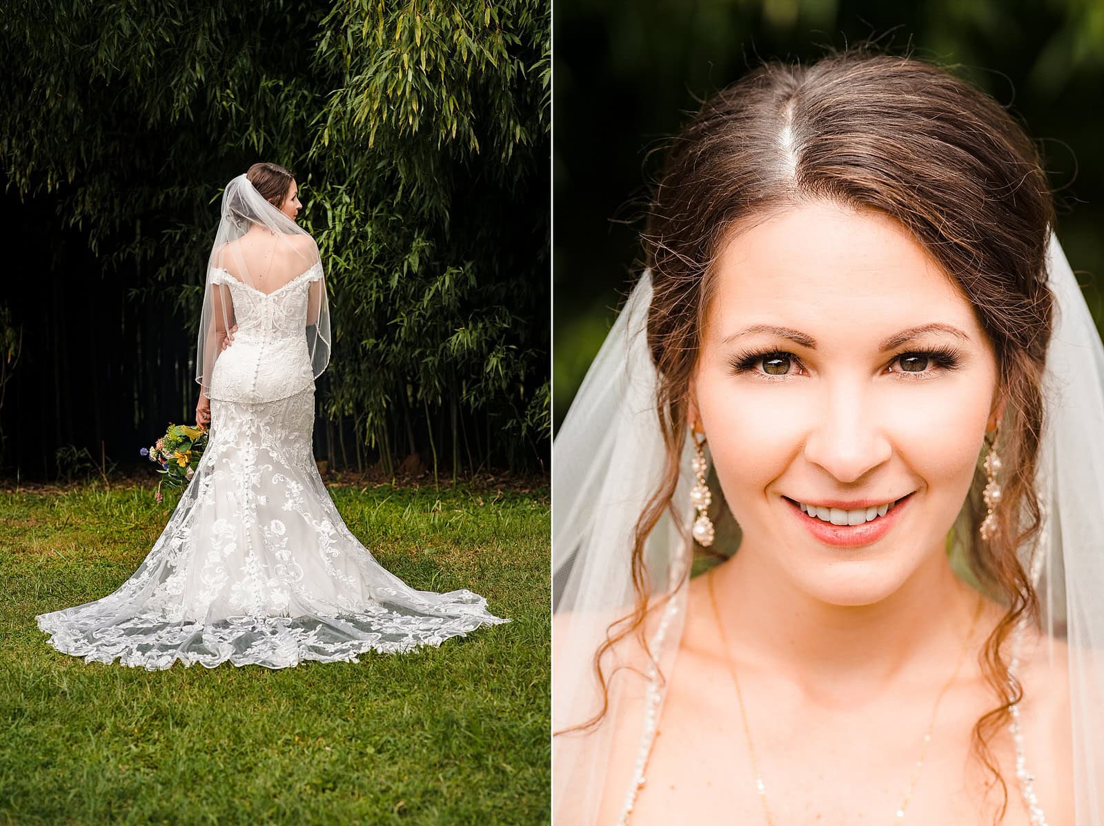 Bridal style: off the shoulder lace wedding dress with a fingertip length veil