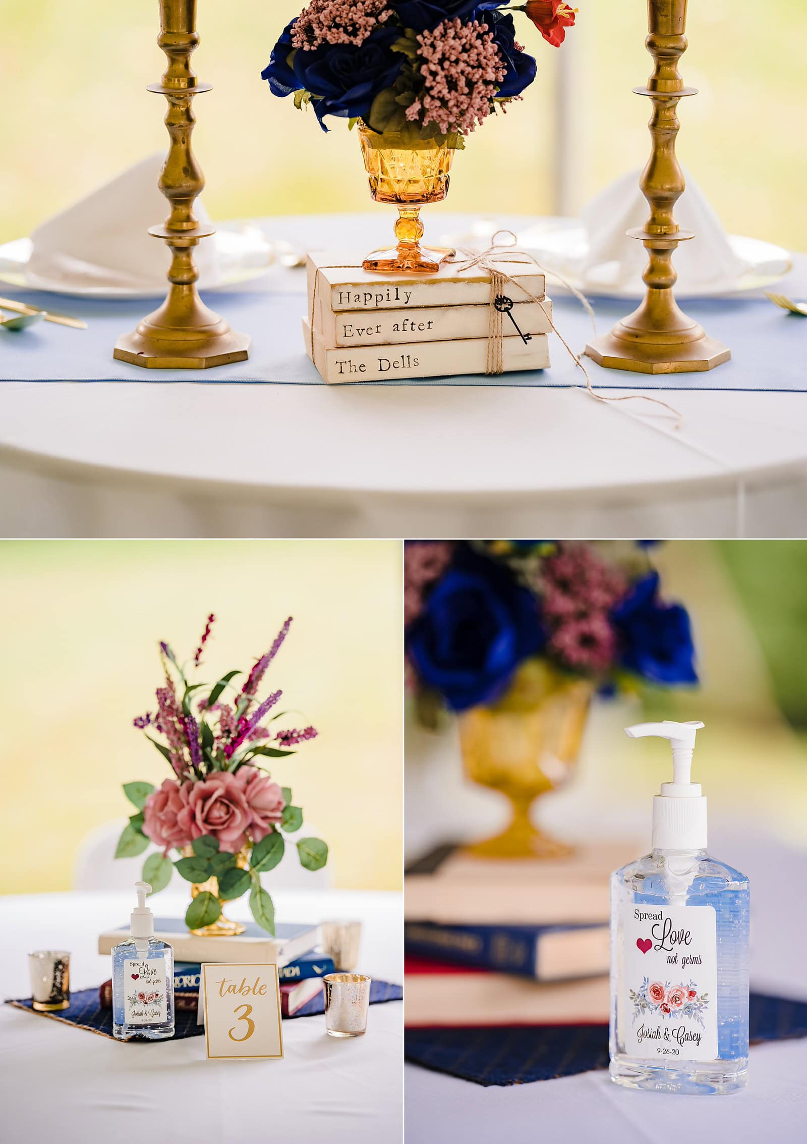 Farm wedding reception decor: books, silk flowers, and hand sanitizer, because Covid