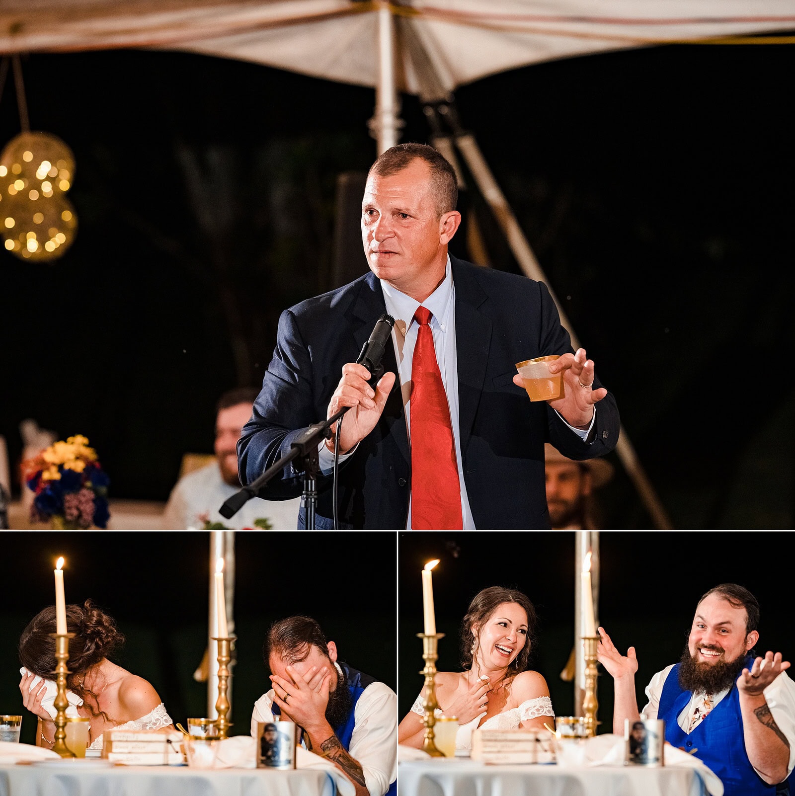 speeches at a tented wedding reception on a farm in Virginia