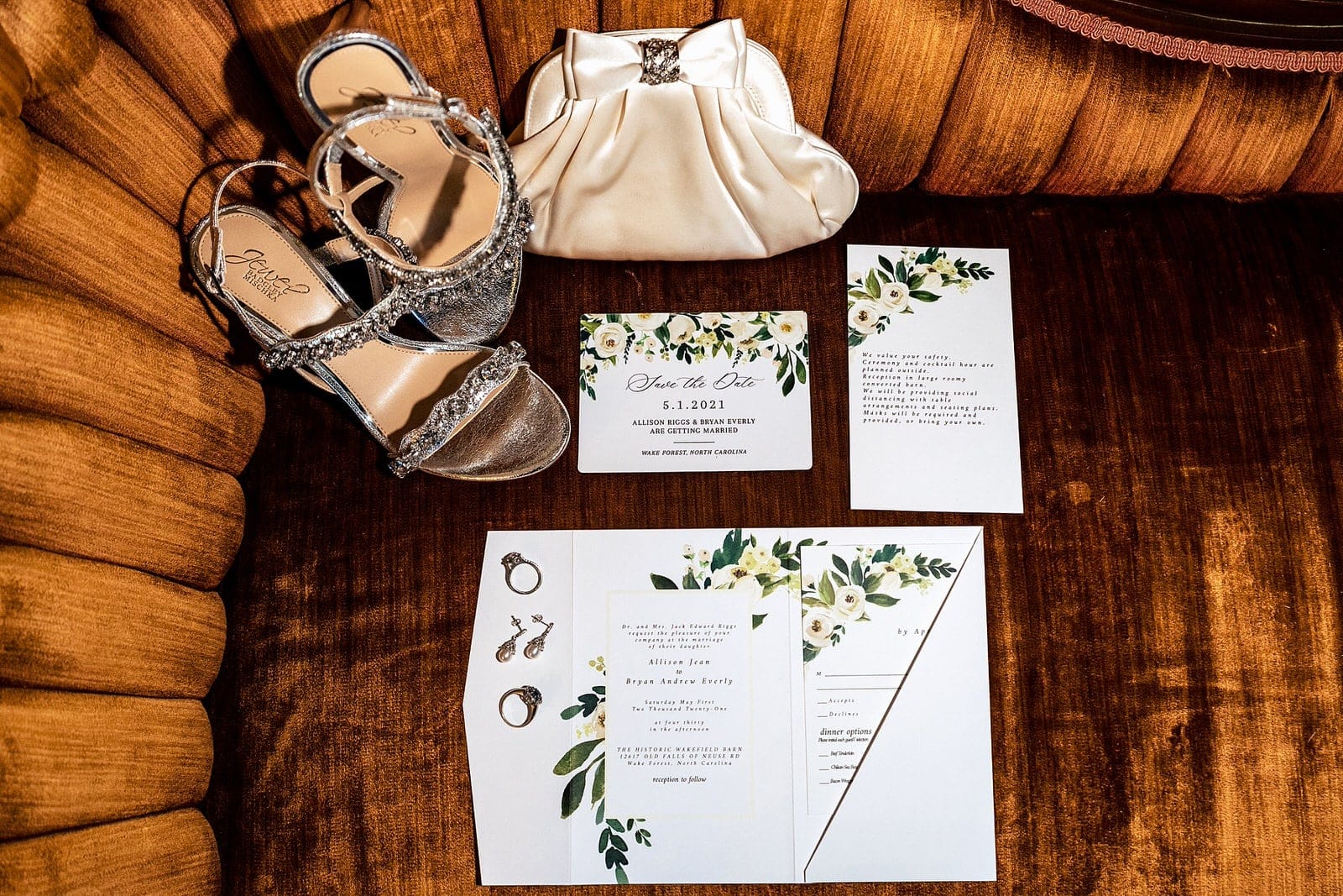 Green and white invitation suite, sparkly wedding shoes