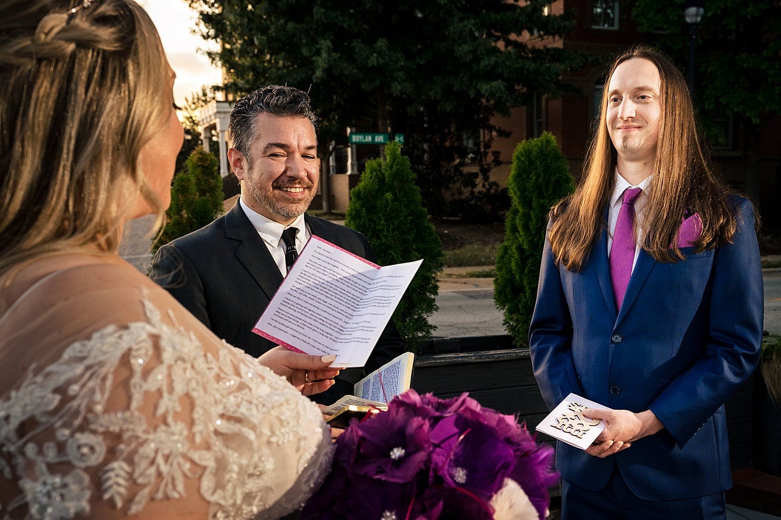 Sunset during the wedding ceremony at Wye Hill in Raleigh, NC