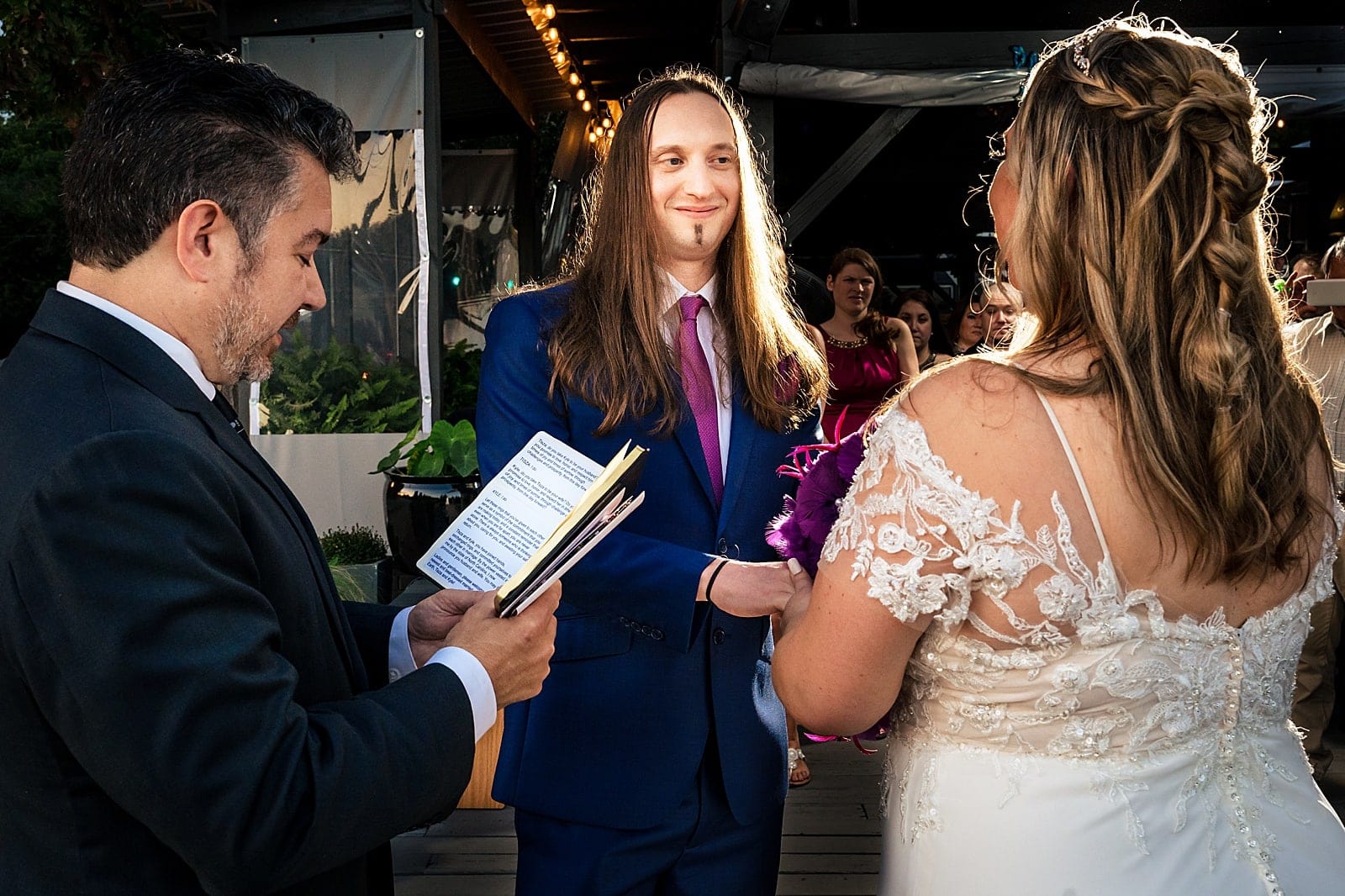Sunset during the wedding ceremony at Wye Hill in Raleigh, NC