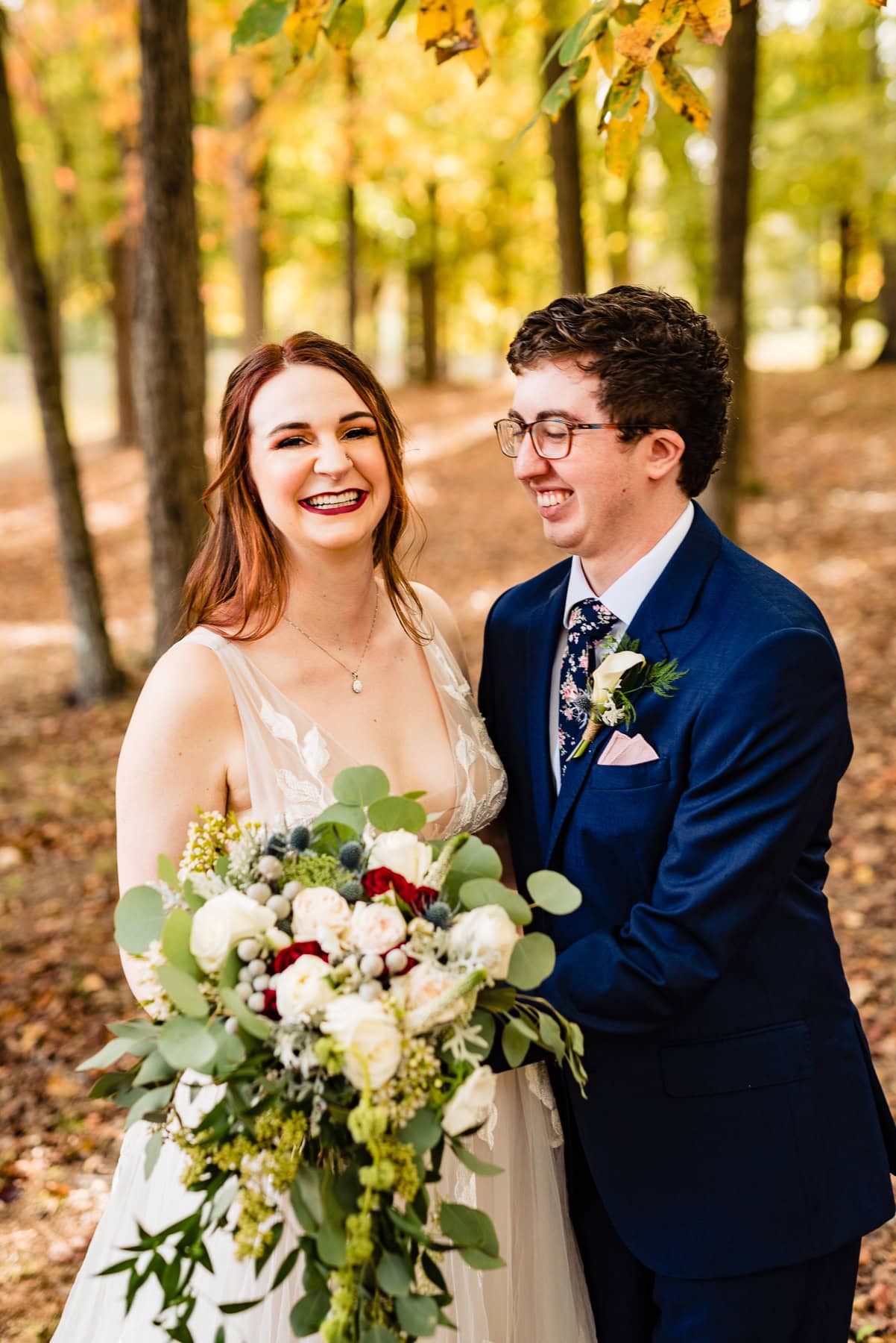portrait of a bride and groom in the woods at the barn at valhalla in chapel hill, nc