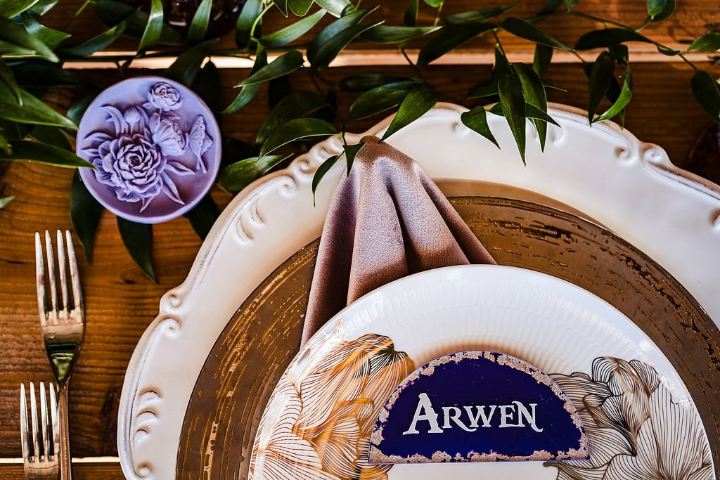 Tolkien wedding inspiration - place setting with Arwen's name
