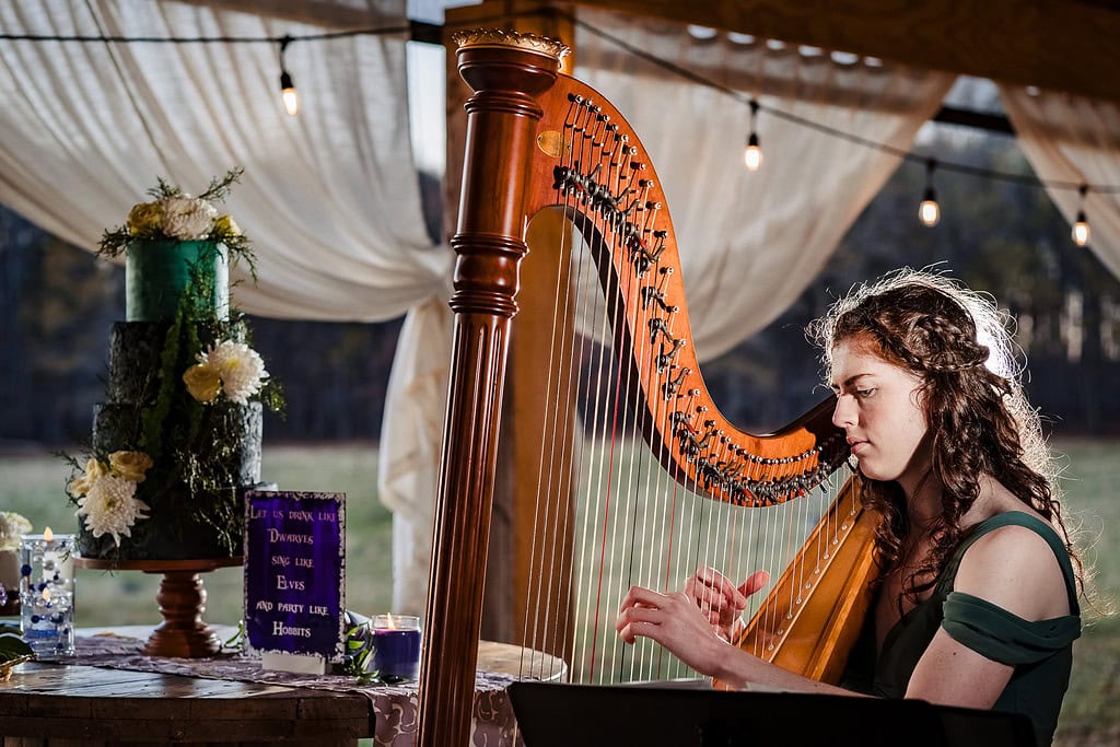 woman with braided hair plays the harp at a styled shoot wedding