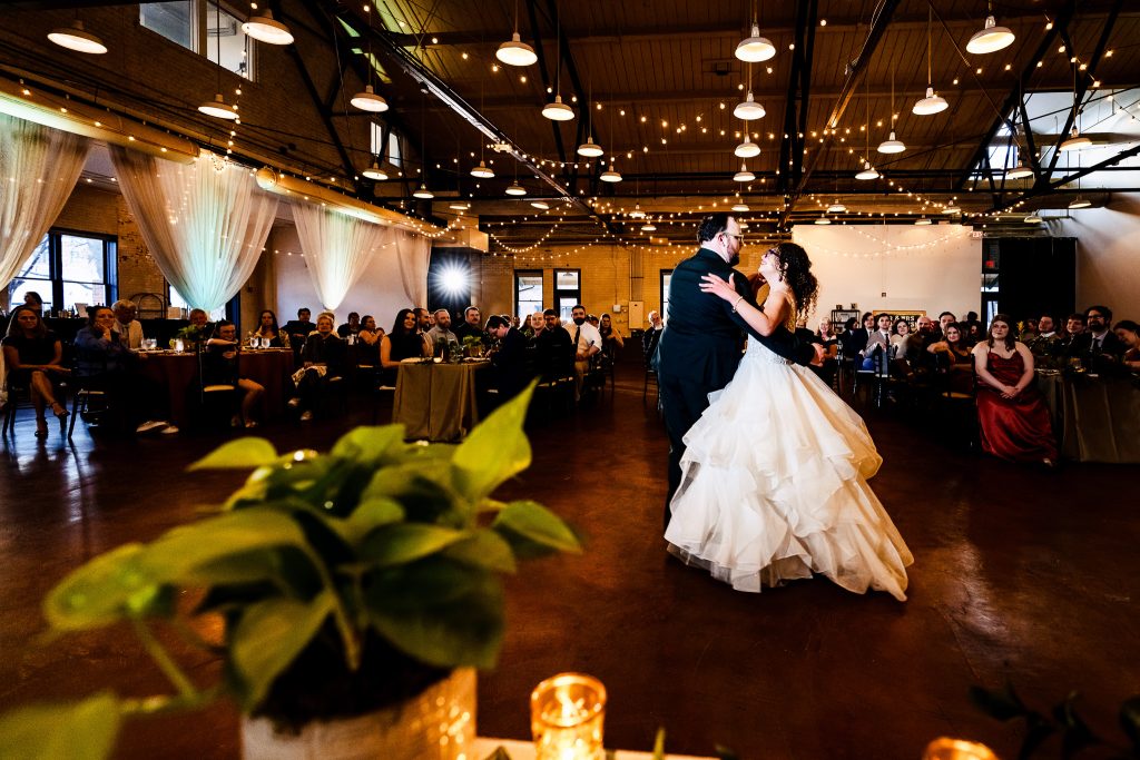 bride and groom share their first dance at their Market Hall wedding